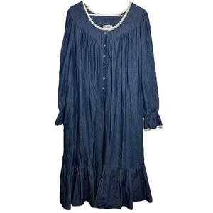 Vintage Coco Bay Nightgown USA 80s Pockets Cotton Ruffle Button Front Chambray M